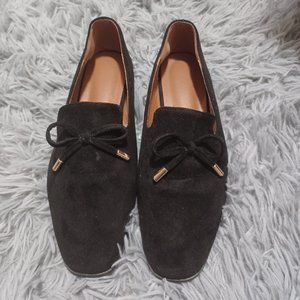 Bow Décor Faux Suede Black Loafers Flats Size US 7, EU 37